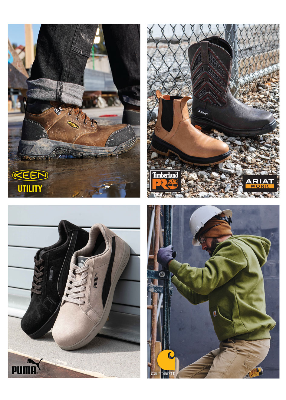 Keen Utility logo - brown Keen Utility work boots featured.  Timberland PRO logo and Ariat Work logo - tan Timberland PRO work boots and brown Ariat Work work boots featured.  Puma logo - black Puma athletics and white Puma athletics featured.  Carhartt logo - green Carhartt sweatshirt and tan Carhartt pants featured.